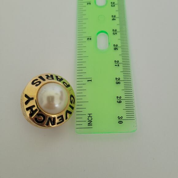 Vintage Givenchy Button Gold Tone Pearl Clip on SINGLE Earring Round Glam Logo - Picture 7 of 7